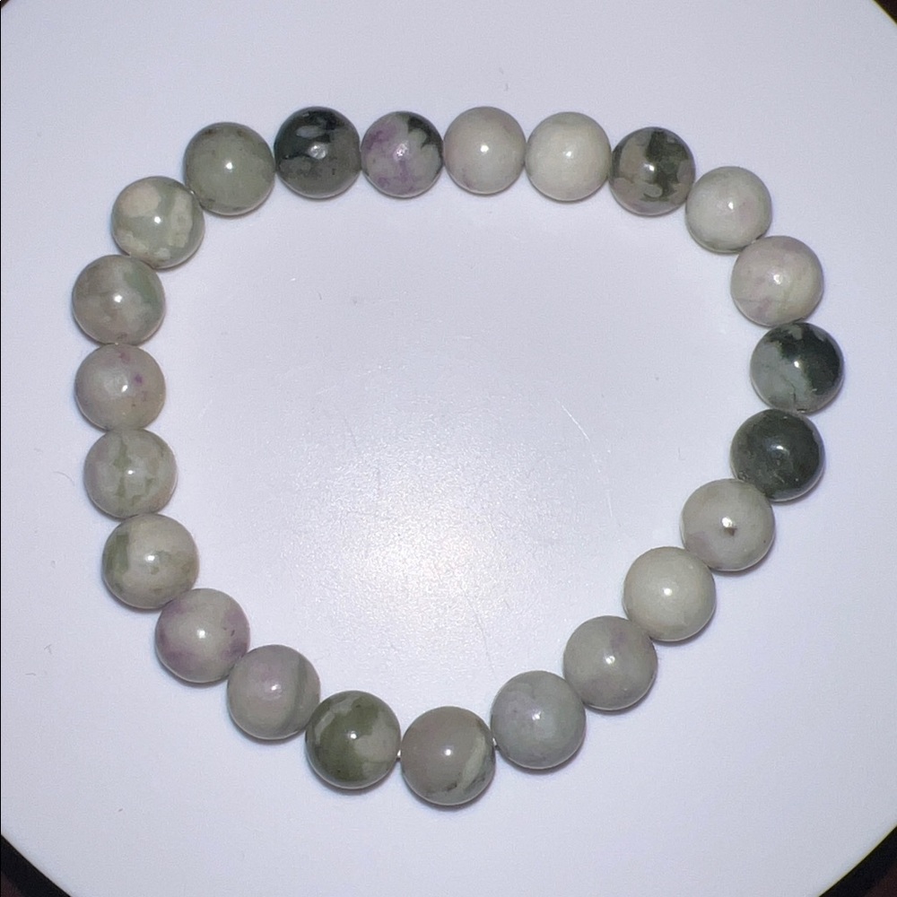 Green and Cream Natural Stone Beaded Stretch Bracelet